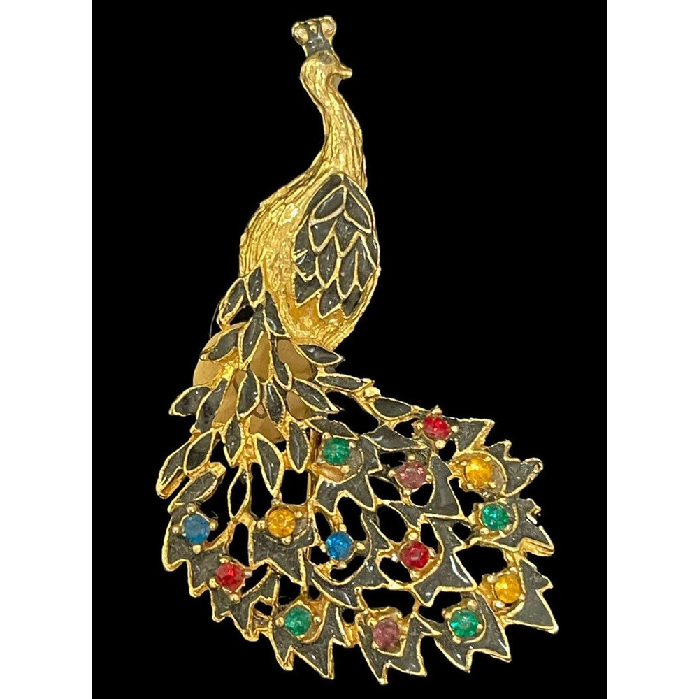 Vintage Peacock Brooch Textured Gold Tone Colorful Enamel Pin Estate Find